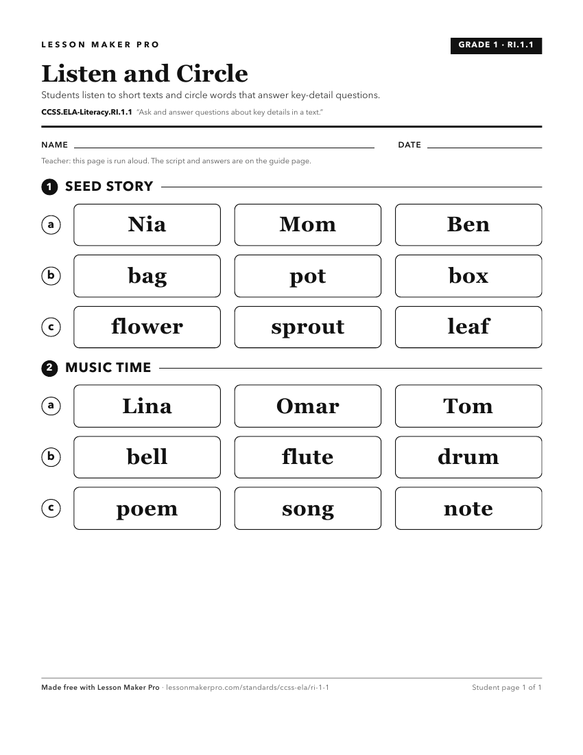 Preview of the CCSS.ELA-Literacy.RI.1.1 printable worksheet