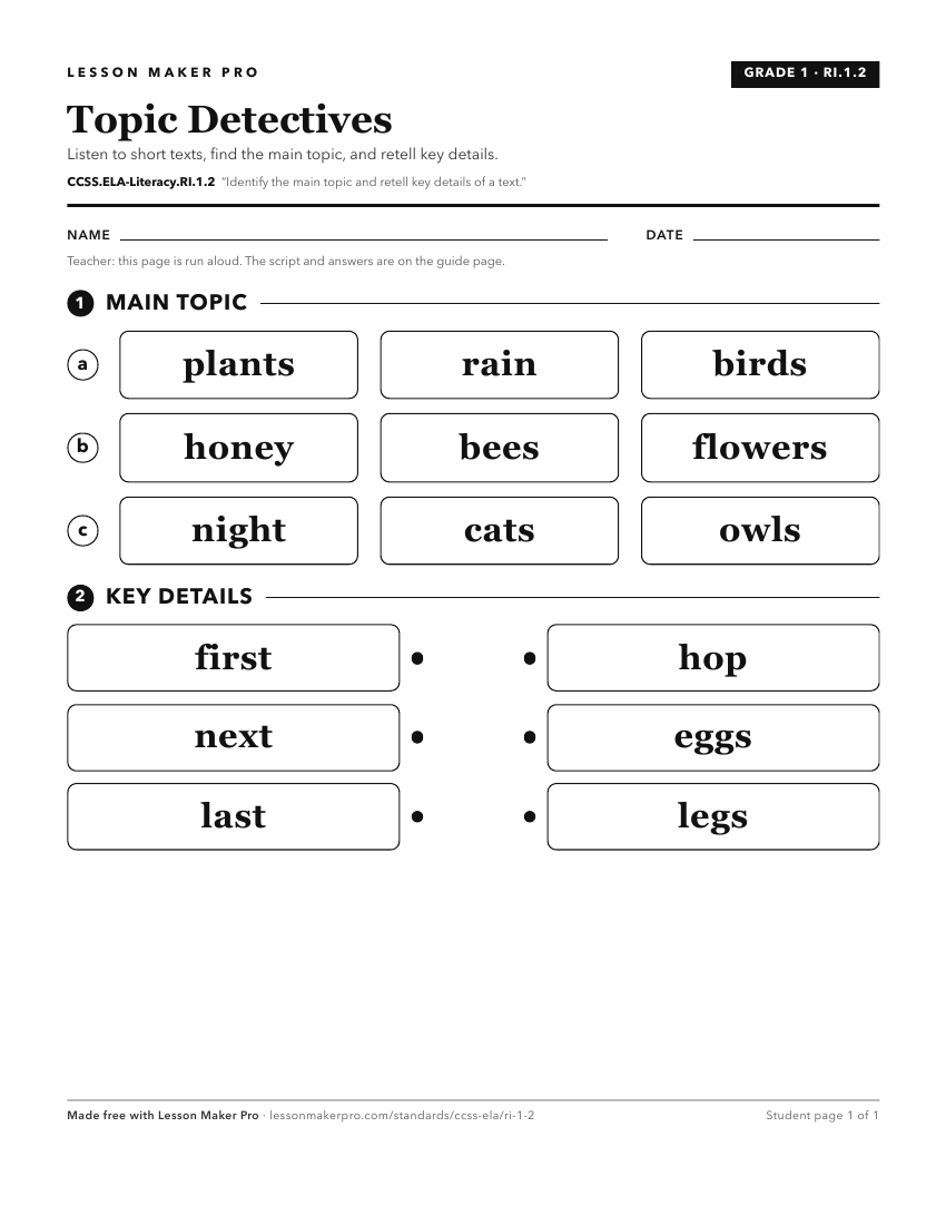 Preview of the CCSS.ELA-Literacy.RI.1.2 printable worksheet