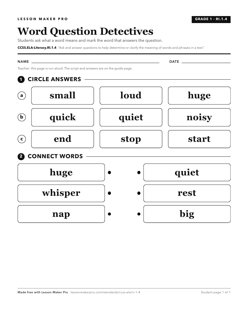 Preview of the CCSS.ELA-Literacy.RI.1.4 printable worksheet