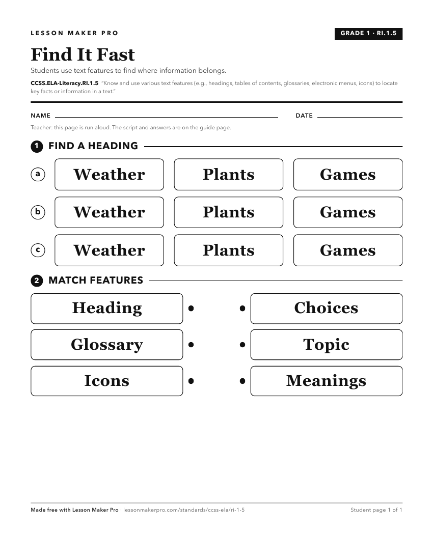 Preview of the CCSS.ELA-Literacy.RI.1.5 printable worksheet