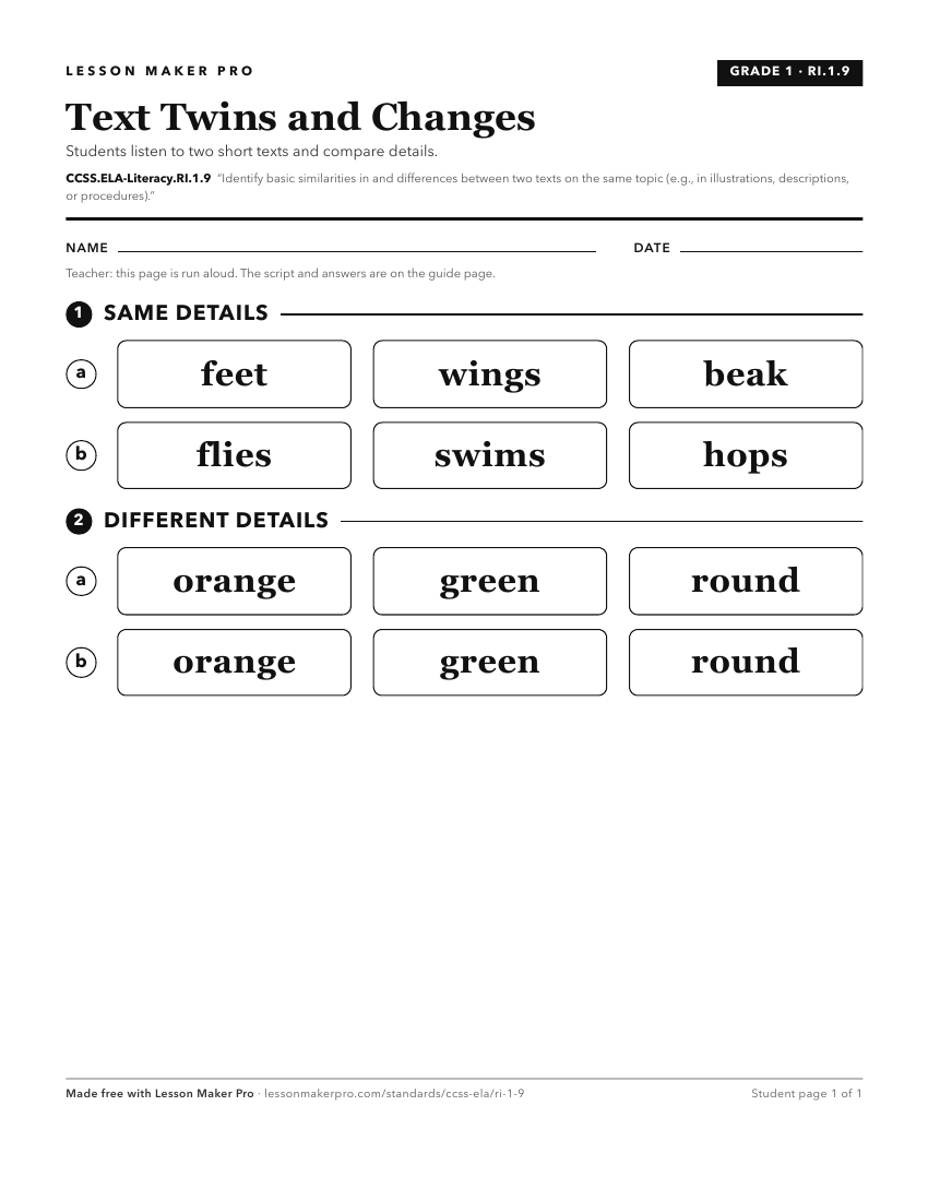 Preview of the CCSS.ELA-Literacy.RI.1.9 printable worksheet