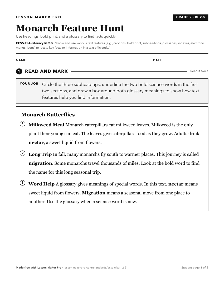 Preview of the CCSS.ELA-Literacy.RI.2.5 printable worksheet