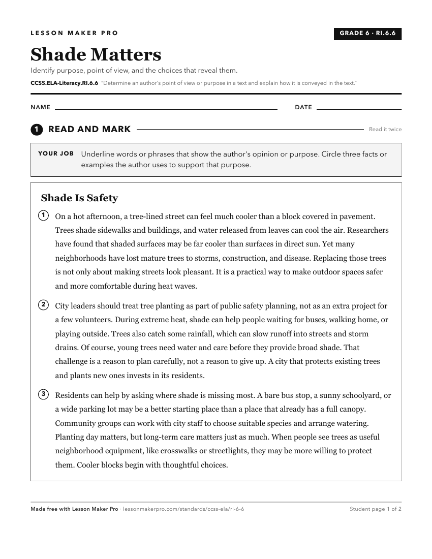 Preview of the CCSS.ELA-Literacy.RI.6.6 printable worksheet