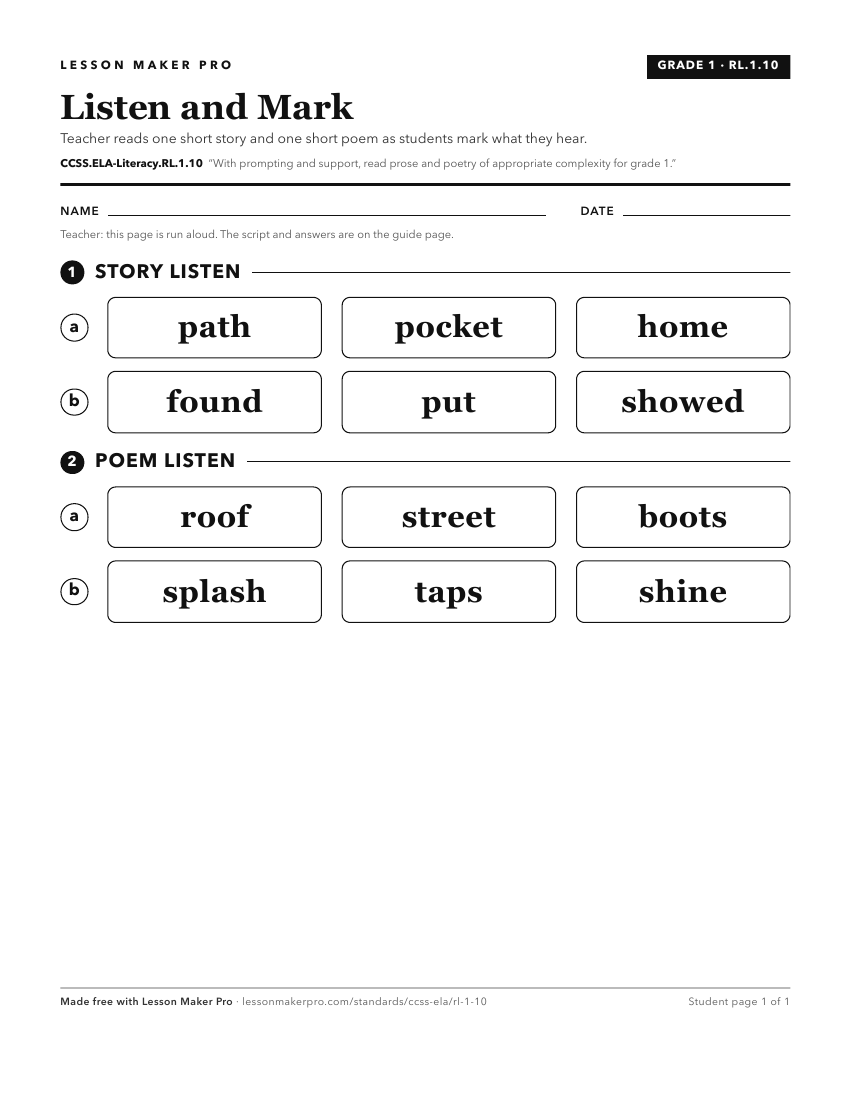 Preview of the CCSS.ELA-Literacy.RL.1.10 printable worksheet