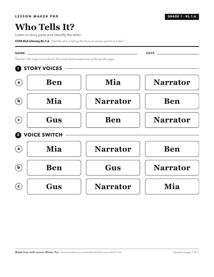Preview of the CCSS.ELA-Literacy.RL.1.6 printable worksheet