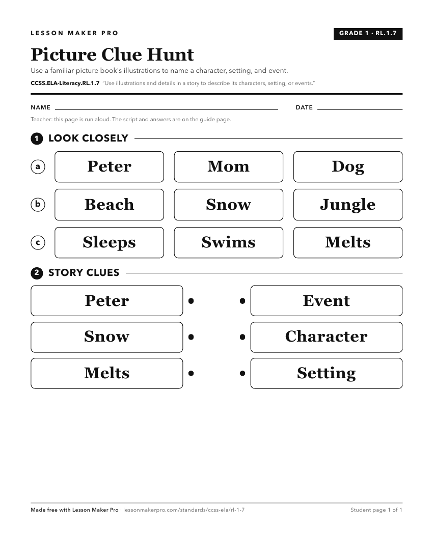 Preview of the CCSS.ELA-Literacy.RL.1.7 printable worksheet