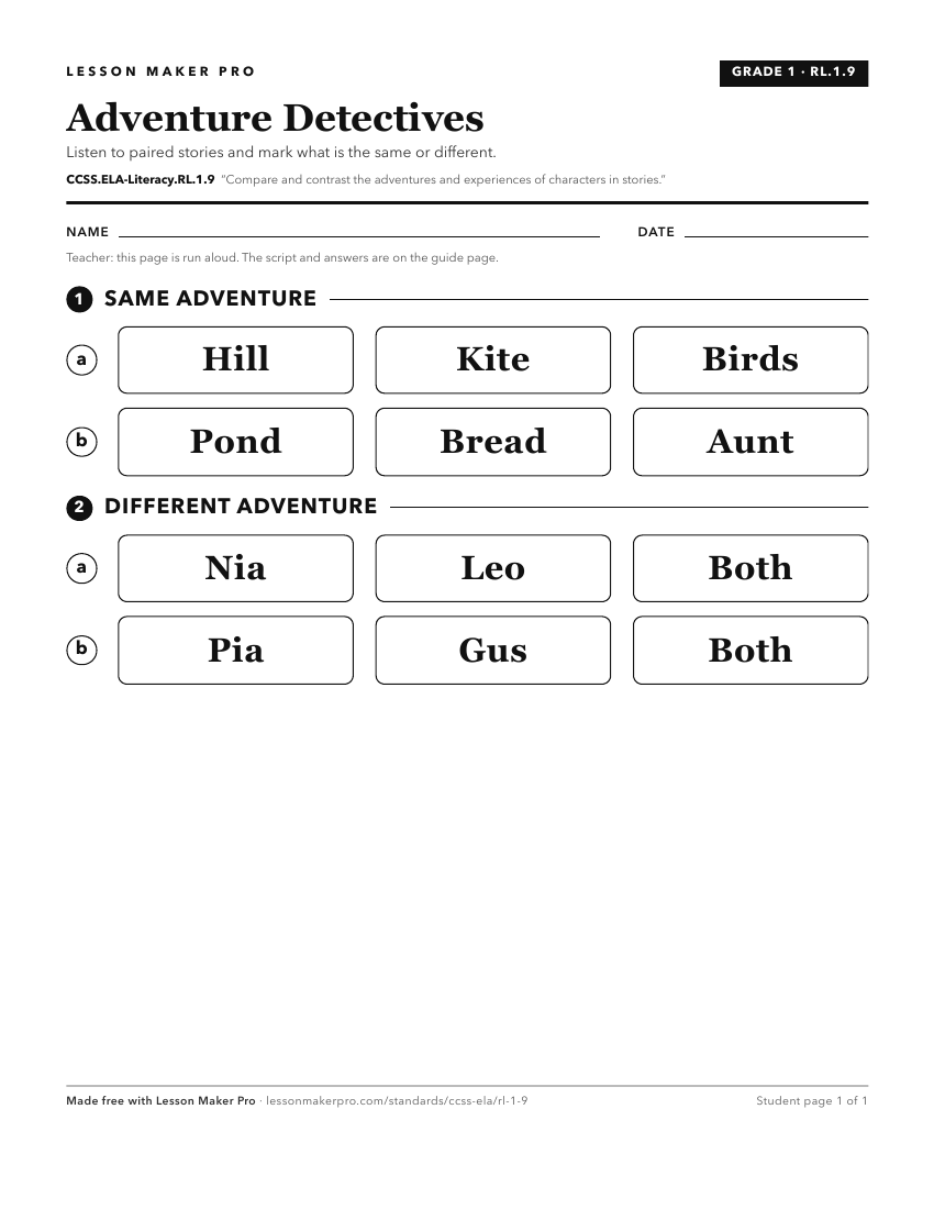 Preview of the CCSS.ELA-Literacy.RL.1.9 printable worksheet