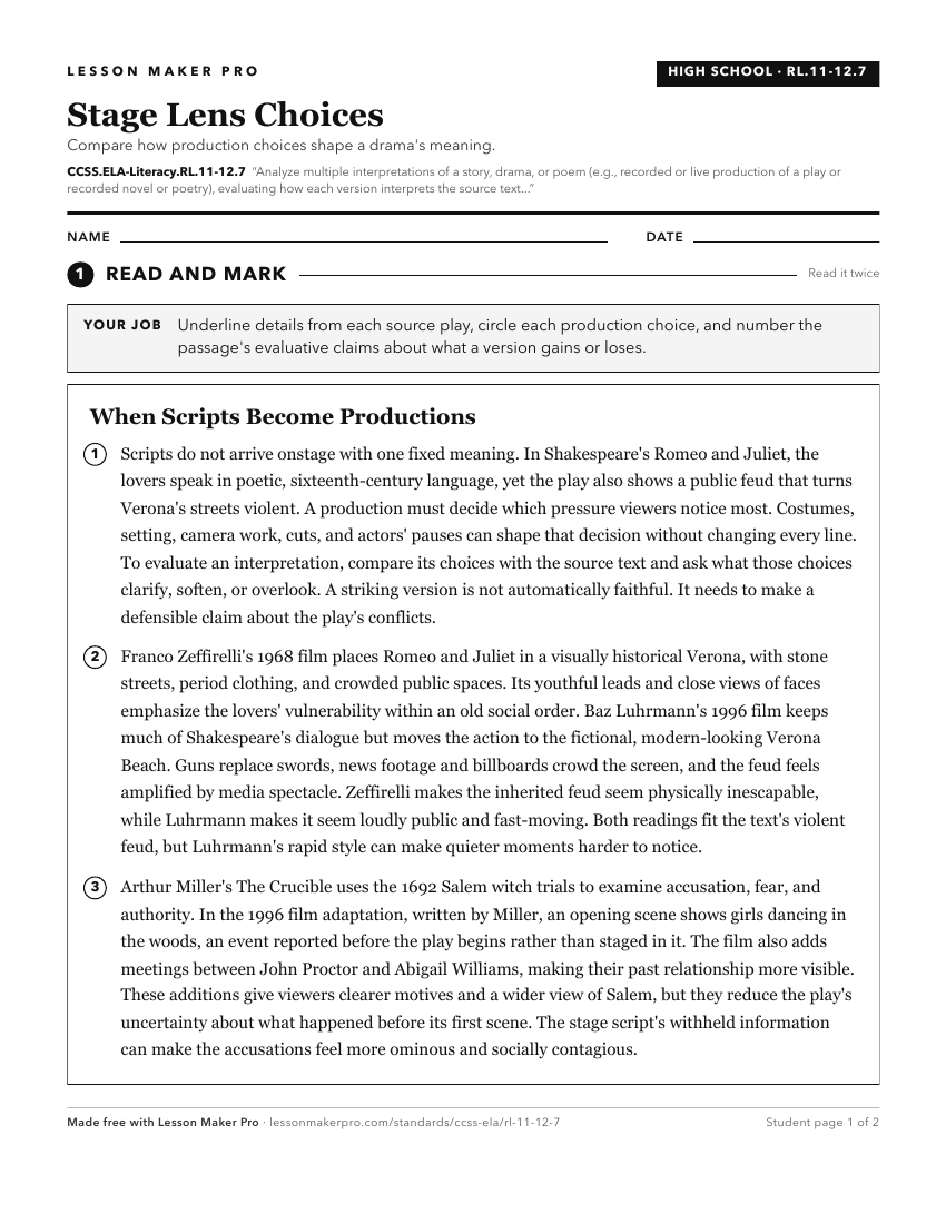 Preview of the CCSS.ELA-Literacy.RL.11-12.7 printable worksheet