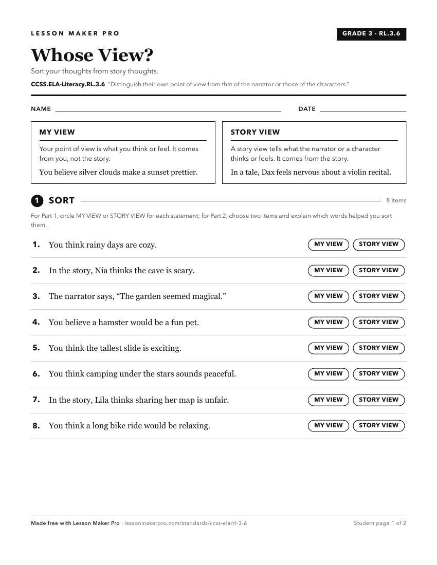 Preview of the CCSS.ELA-Literacy.RL.3.6 printable worksheet