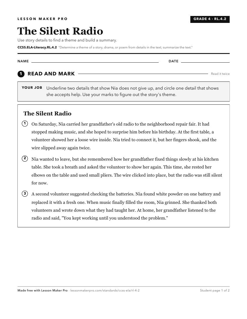 Preview of the CCSS.ELA-Literacy.RL.4.2 printable worksheet