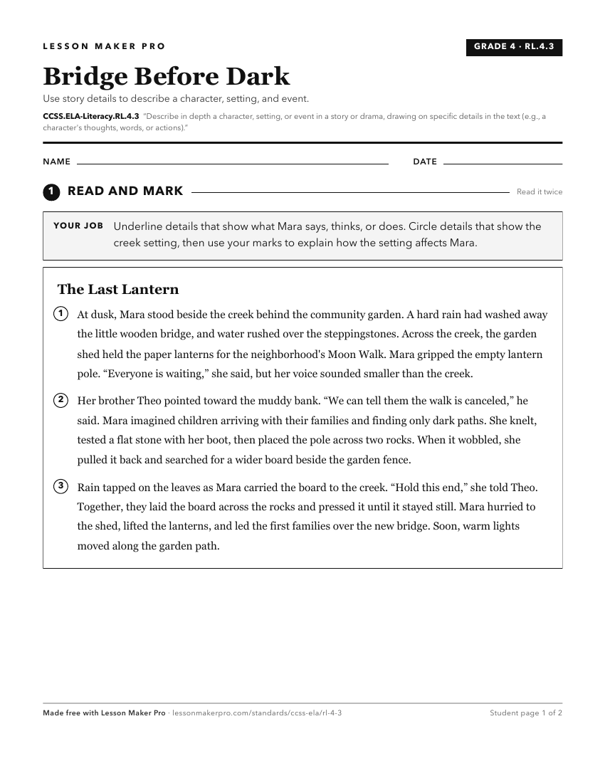 Preview of the CCSS.ELA-Literacy.RL.4.3 printable worksheet