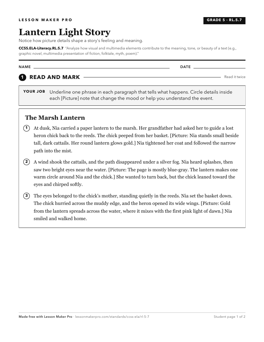 Preview of the CCSS.ELA-Literacy.RL.5.7 printable worksheet