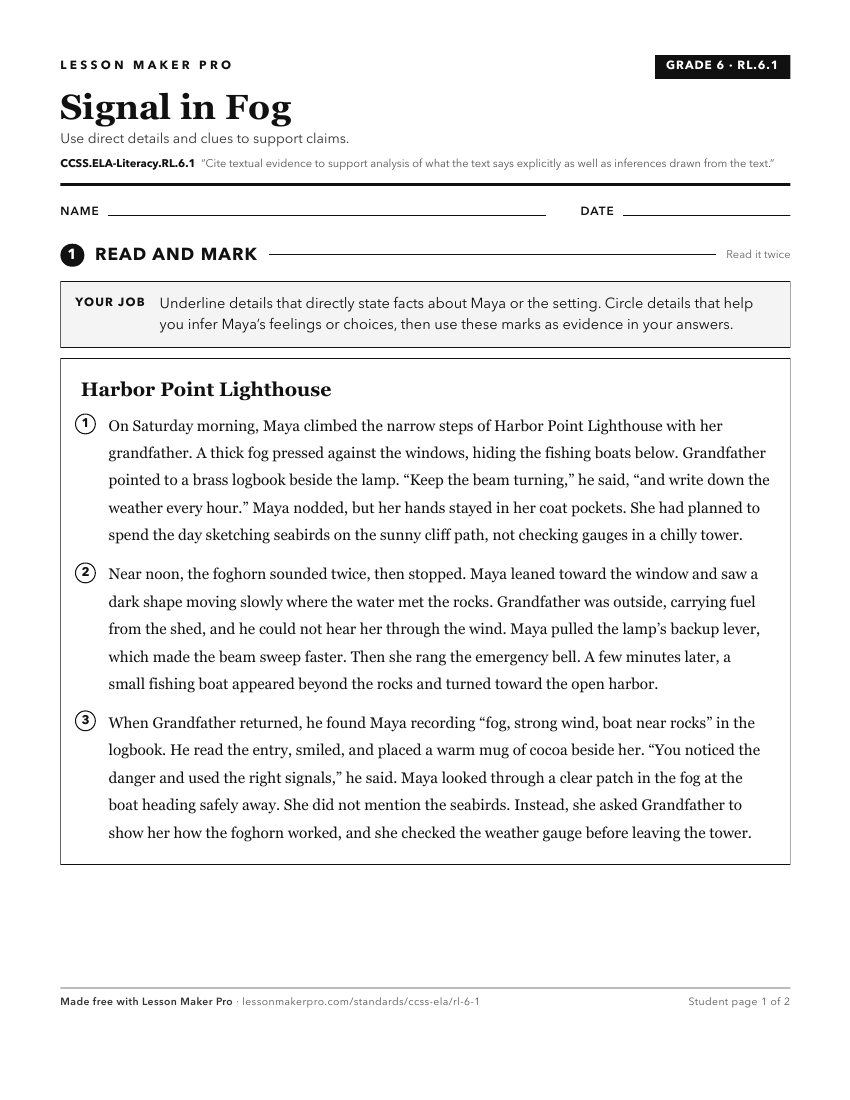 Preview of the CCSS.ELA-Literacy.RL.6.1 printable worksheet