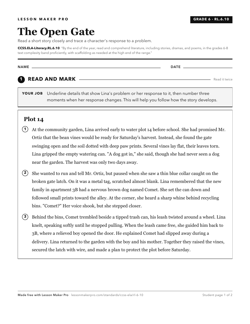 Preview of the CCSS.ELA-Literacy.RL.6.10 printable worksheet