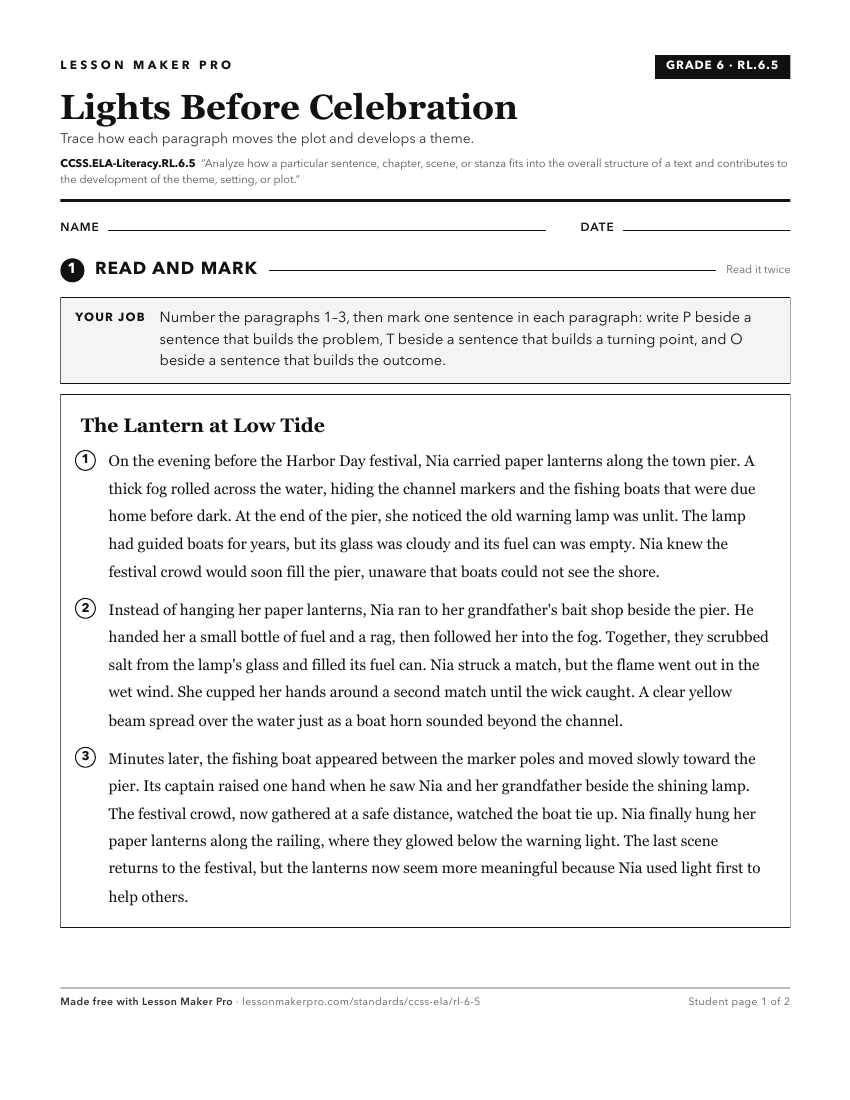 Preview of the CCSS.ELA-Literacy.RL.6.5 printable worksheet