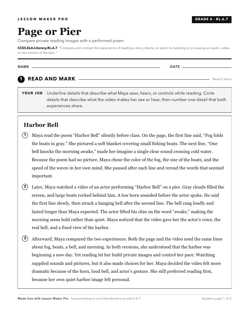 Preview of the CCSS.ELA-Literacy.RL.6.7 printable worksheet