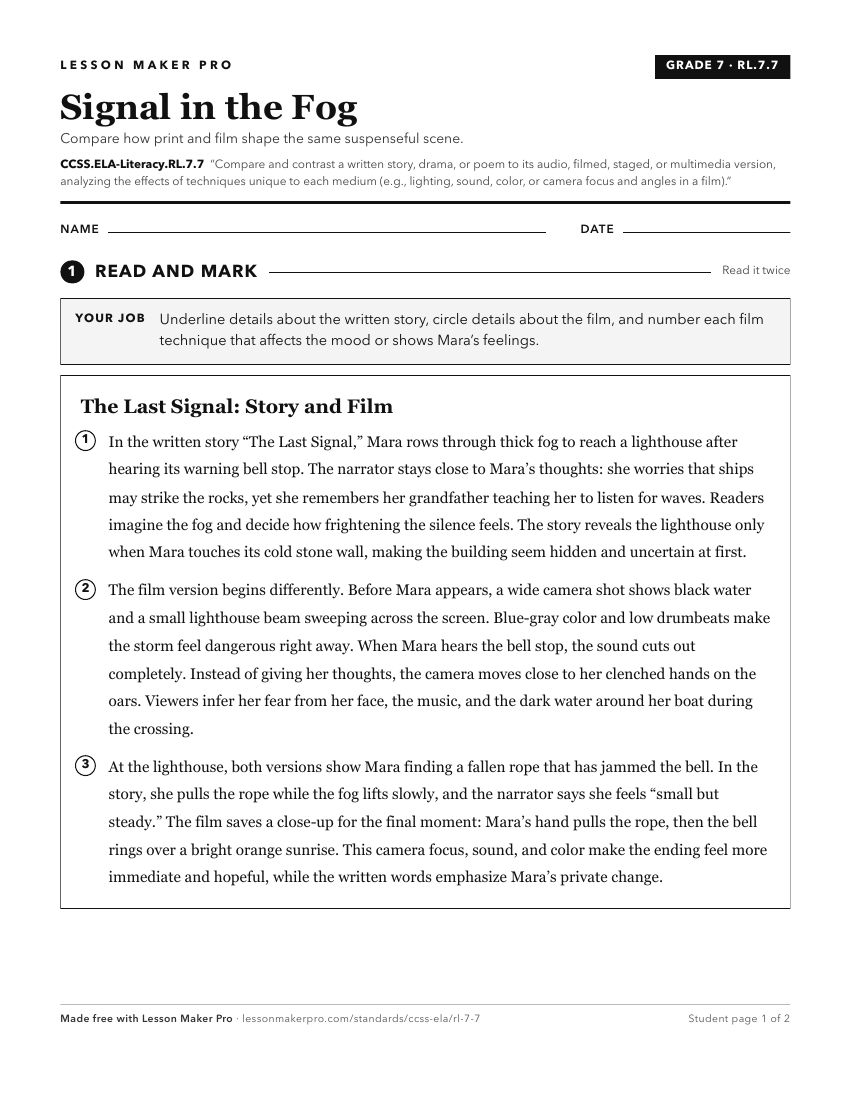 Preview of the CCSS.ELA-Literacy.RL.7.7 printable worksheet