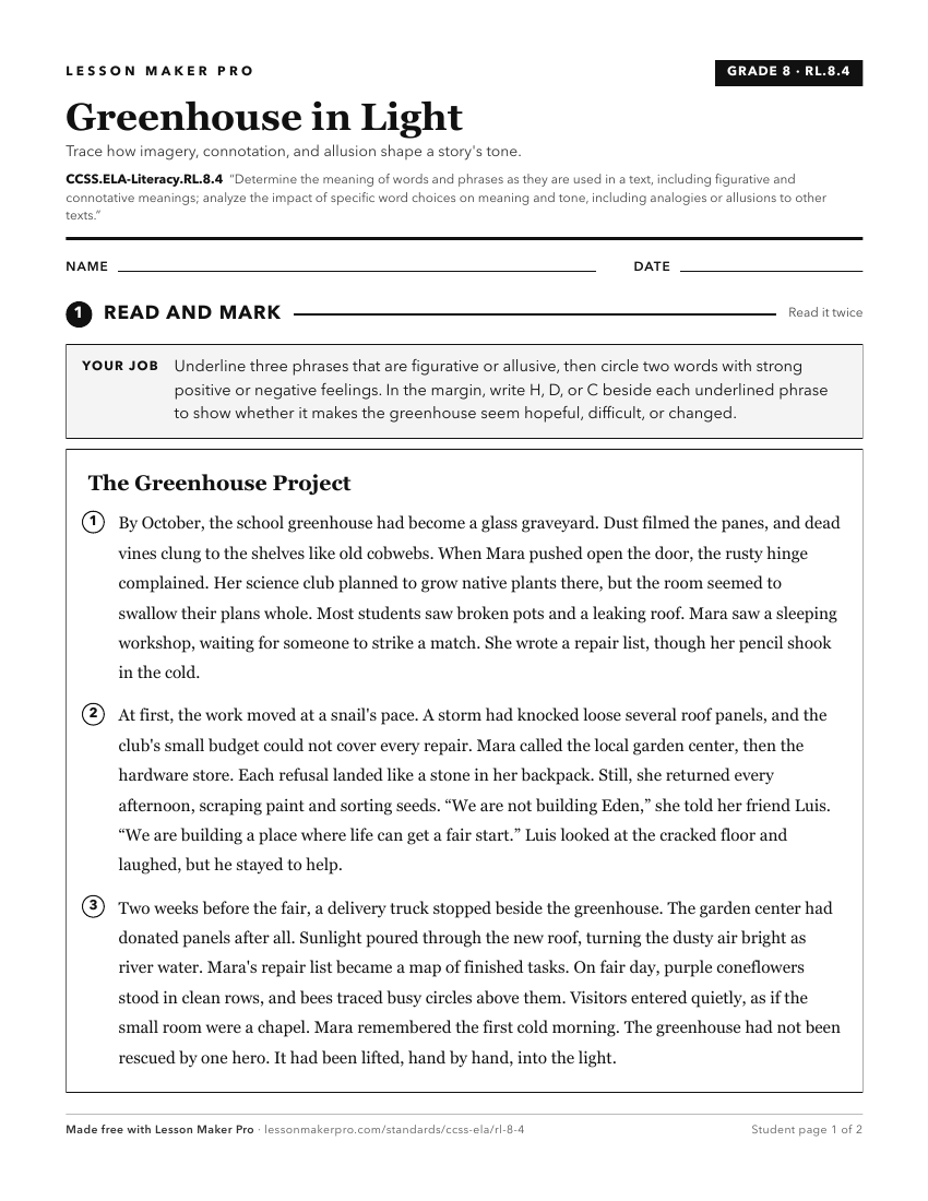 Preview of the CCSS.ELA-Literacy.RL.8.4 printable worksheet