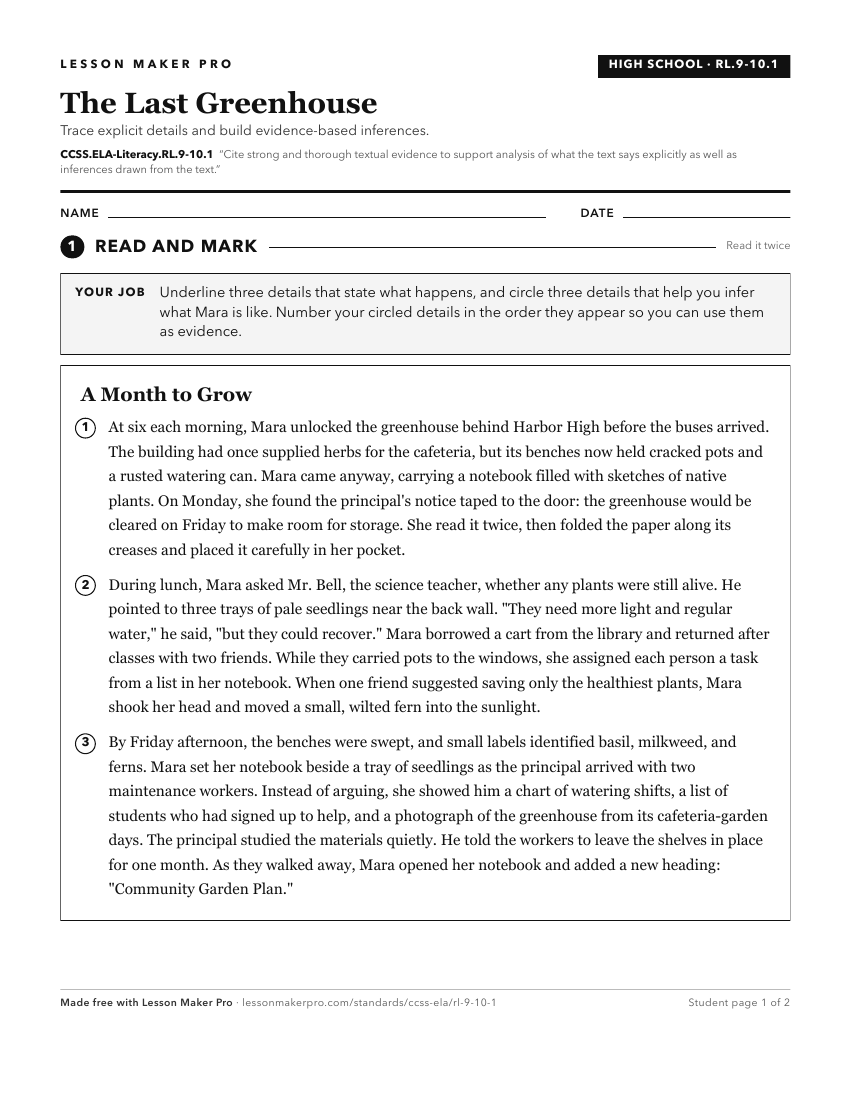 Preview of the CCSS.ELA-Literacy.RL.9-10.1 printable worksheet