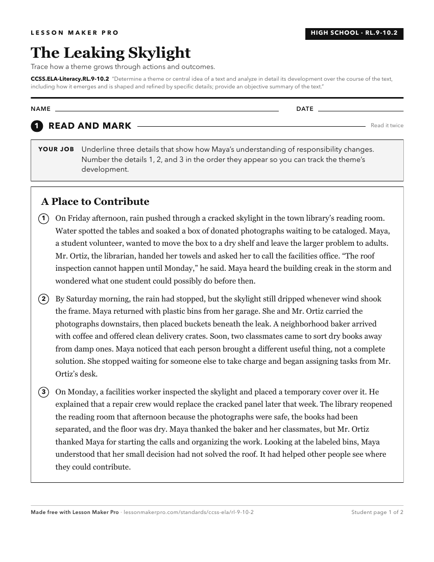 Preview of the CCSS.ELA-Literacy.RL.9-10.2 printable worksheet