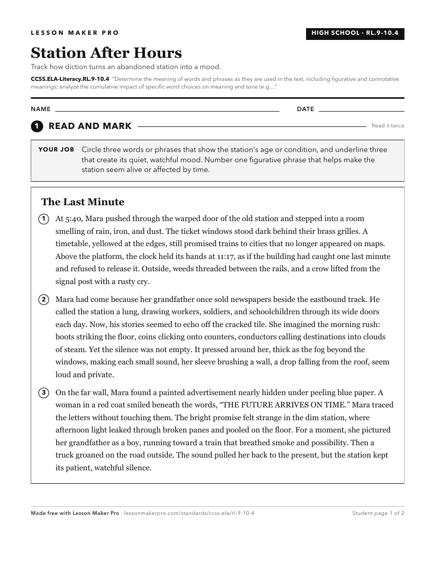 Preview of the CCSS.ELA-Literacy.RL.9-10.4 printable worksheet