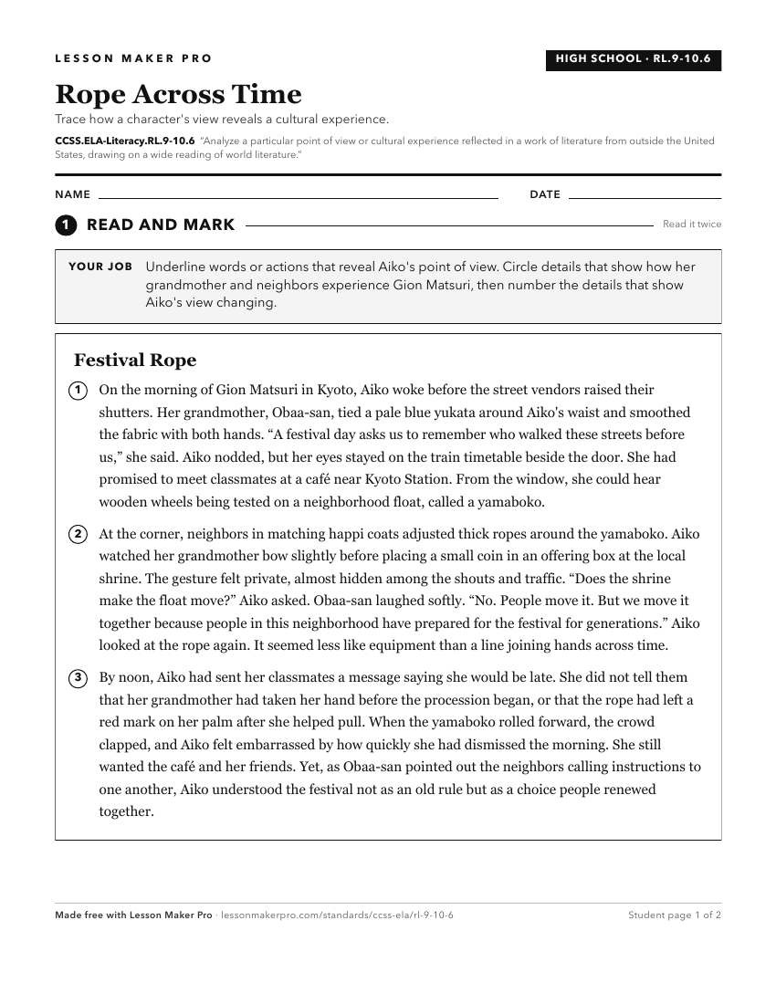 Preview of the CCSS.ELA-Literacy.RL.9-10.6 printable worksheet