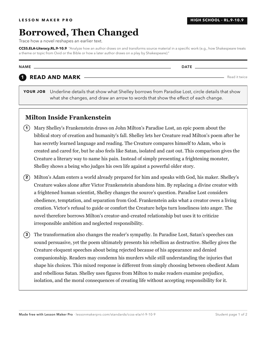 Preview of the CCSS.ELA-Literacy.RL.9-10.9 printable worksheet