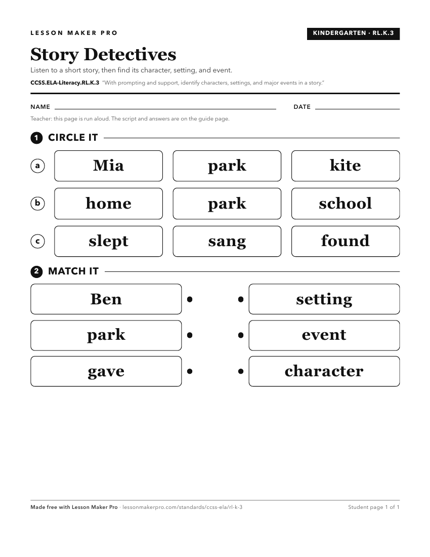 Preview of the CCSS.ELA-Literacy.RL.K.3 printable worksheet