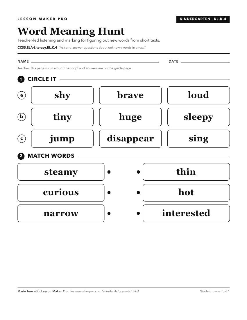 Preview of the CCSS.ELA-Literacy.RL.K.4 printable worksheet
