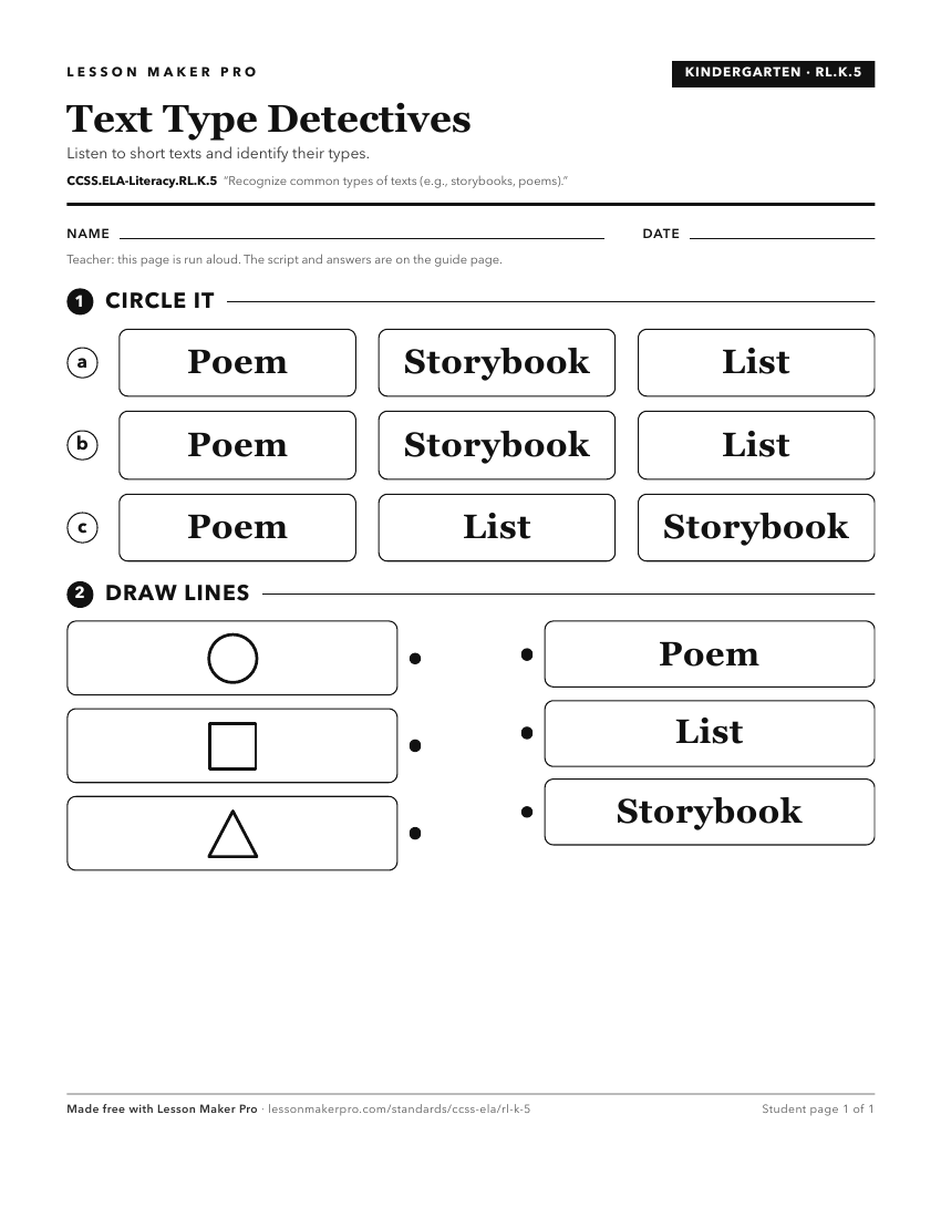 Preview of the CCSS.ELA-Literacy.RL.K.5 printable worksheet