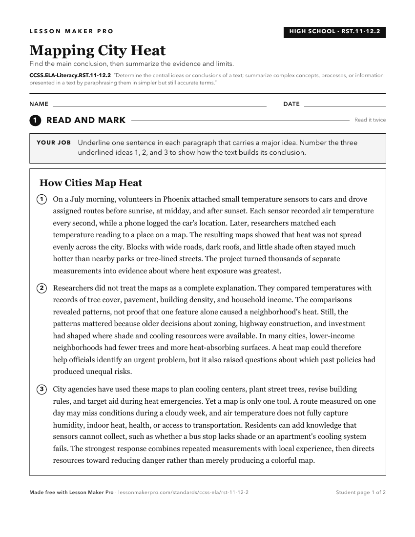 Preview of the CCSS.ELA-Literacy.RST.11-12.2 printable worksheet