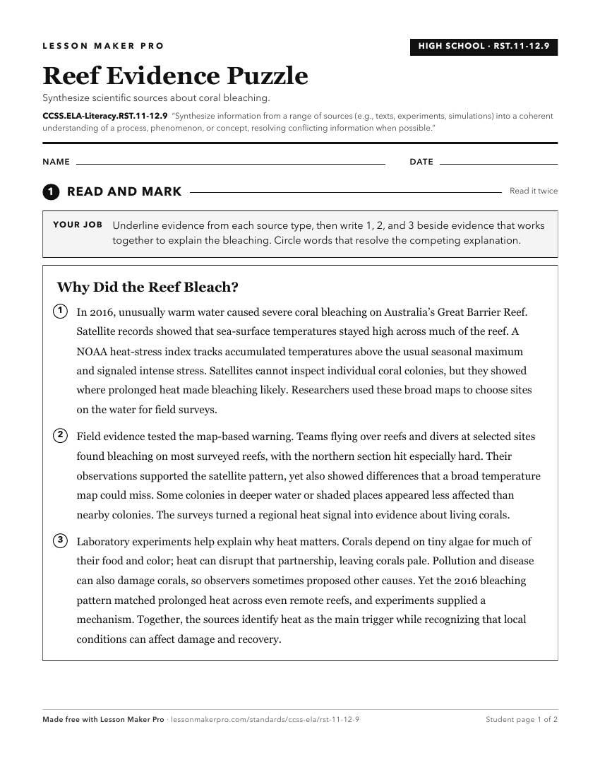 Preview of the CCSS.ELA-Literacy.RST.11-12.9 printable worksheet
