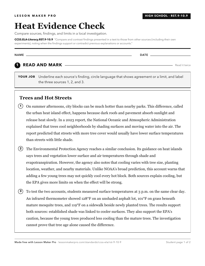 Preview of the CCSS.ELA-Literacy.RST.9-10.9 printable worksheet