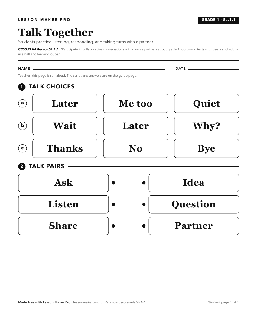 Preview of the CCSS.ELA-Literacy.SL.1.1 printable worksheet