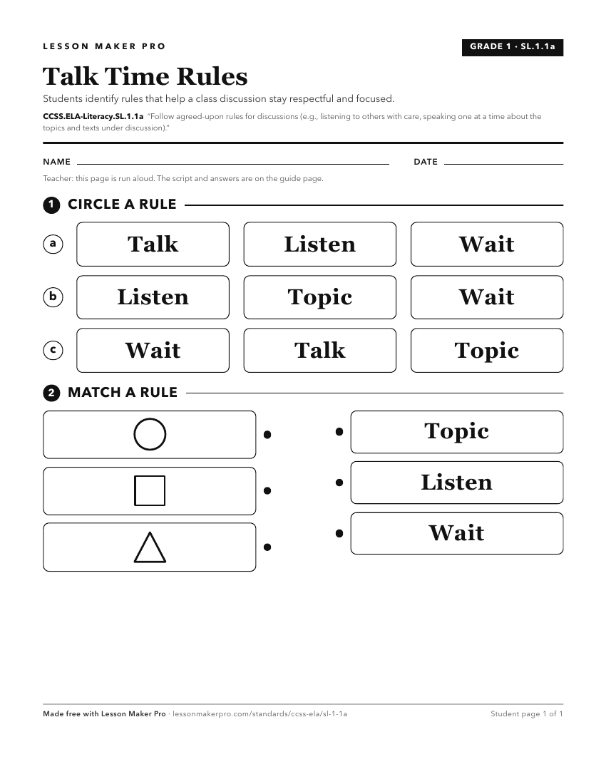 Preview of the CCSS.ELA-Literacy.SL.1.1a printable worksheet