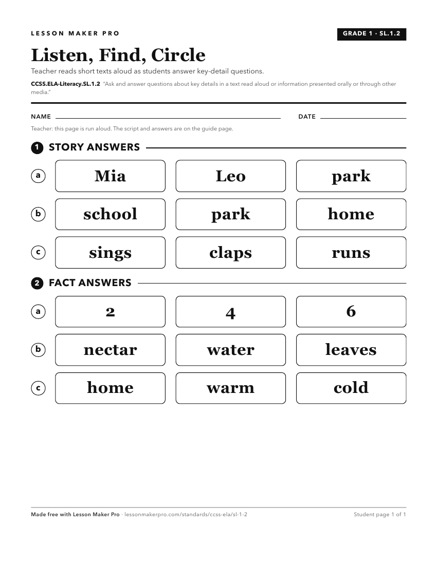 Preview of the CCSS.ELA-Literacy.SL.1.2 printable worksheet