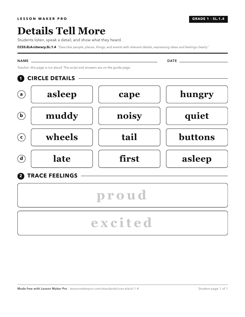 Preview of the CCSS.ELA-Literacy.SL.1.4 printable worksheet