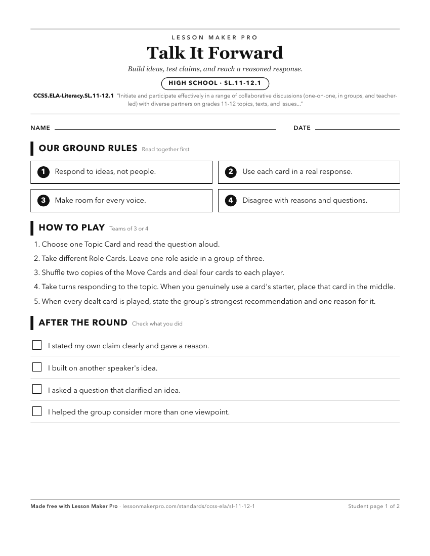 Preview of the CCSS.ELA-Literacy.SL.11-12.1 printable worksheet