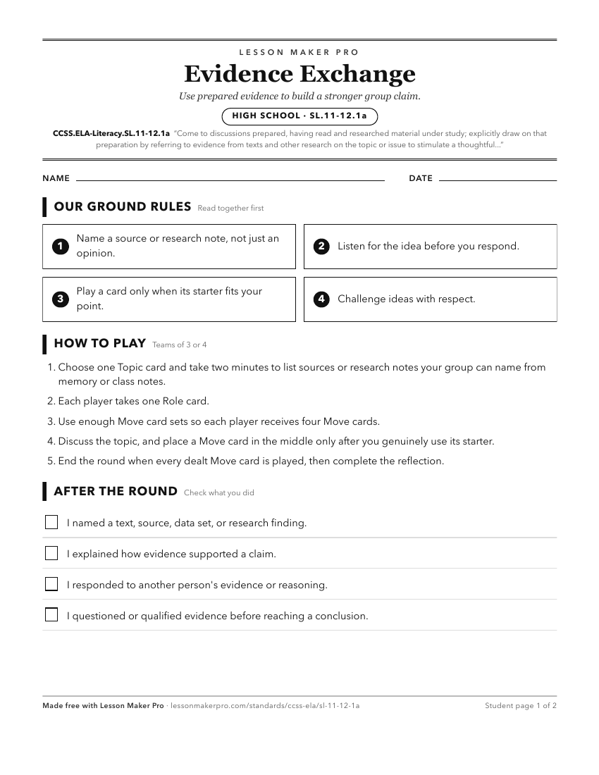 Preview of the CCSS.ELA-Literacy.SL.11-12.1a printable worksheet