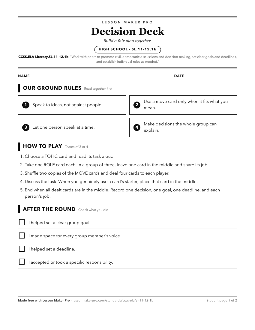 Preview of the CCSS.ELA-Literacy.SL.11-12.1b printable worksheet