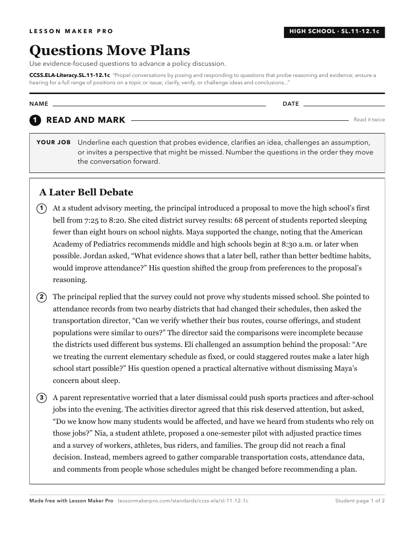 Preview of the CCSS.ELA-Literacy.SL.11-12.1c printable worksheet