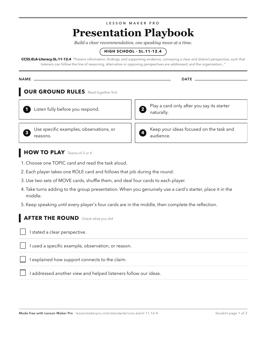 Preview of the CCSS.ELA-Literacy.SL.11-12.4 printable worksheet