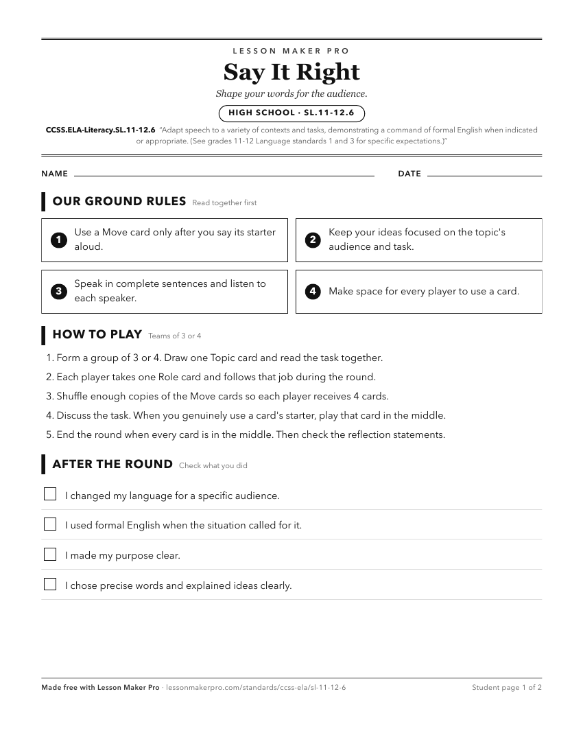Preview of the CCSS.ELA-Literacy.SL.11-12.6 printable worksheet