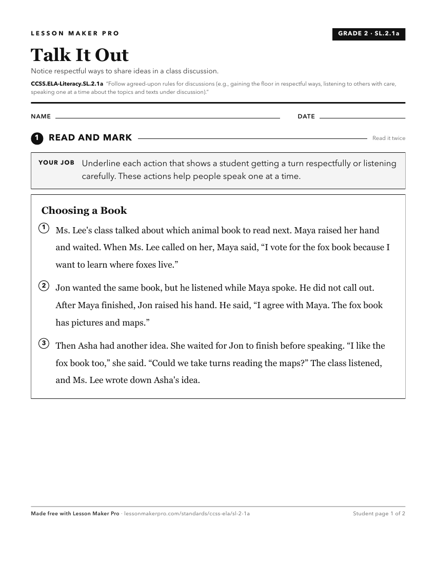 Preview of the CCSS.ELA-Literacy.SL.2.1a printable worksheet