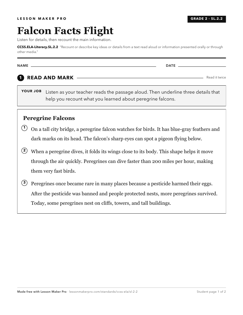 Preview of the CCSS.ELA-Literacy.SL.2.2 printable worksheet