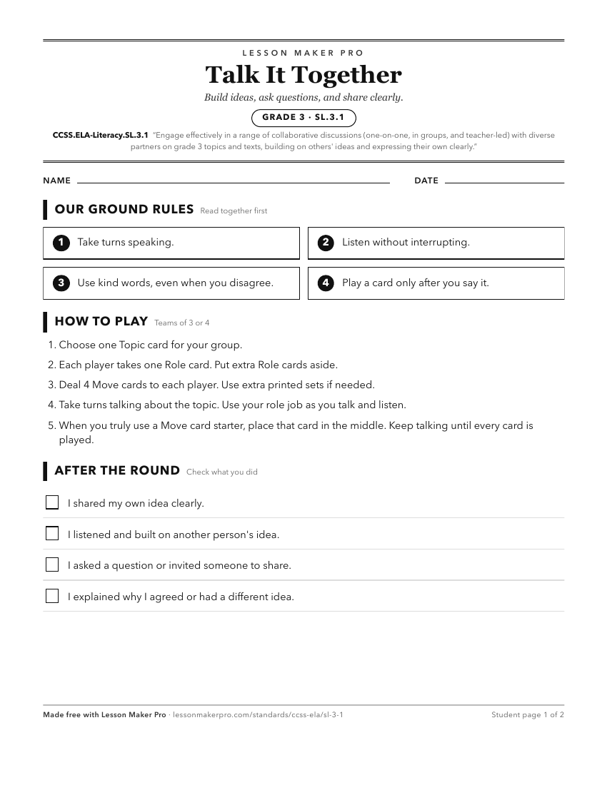 Preview of the CCSS.ELA-Literacy.SL.3.1 printable worksheet