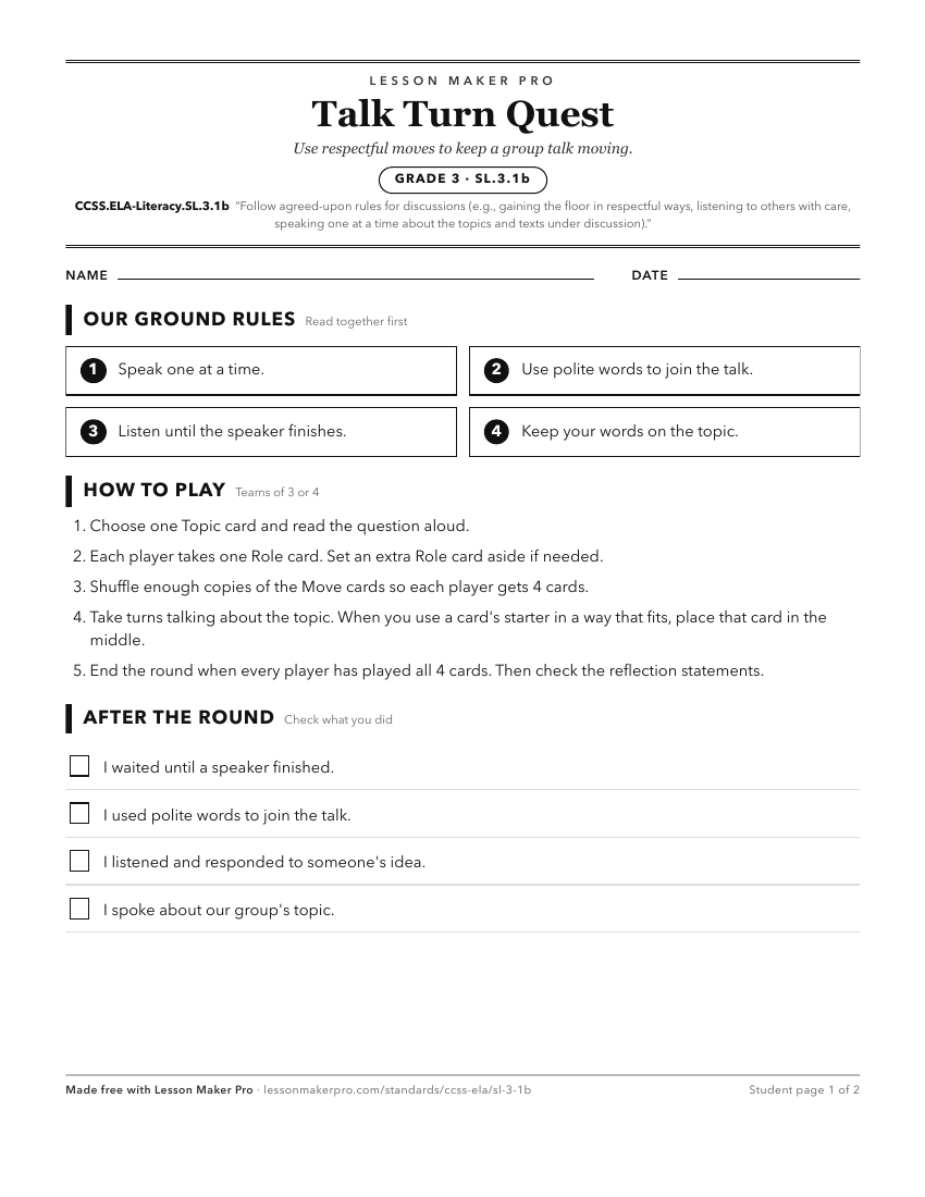 Preview of the CCSS.ELA-Literacy.SL.3.1b printable worksheet