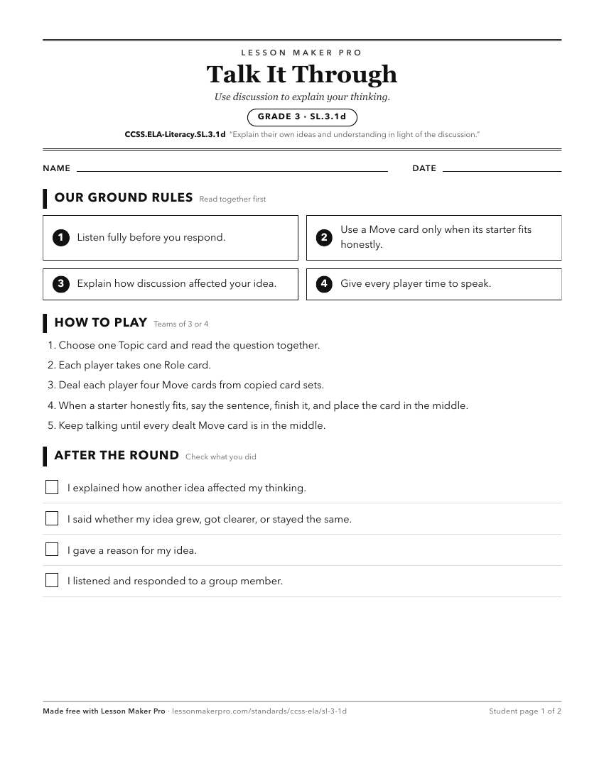 Preview of the CCSS.ELA-Literacy.SL.3.1d printable worksheet