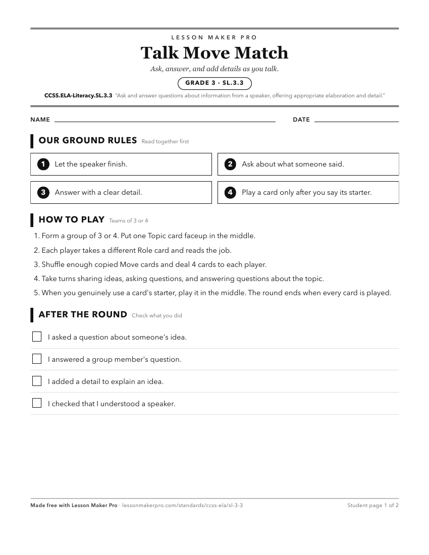 Preview of the CCSS.ELA-Literacy.SL.3.3 printable worksheet