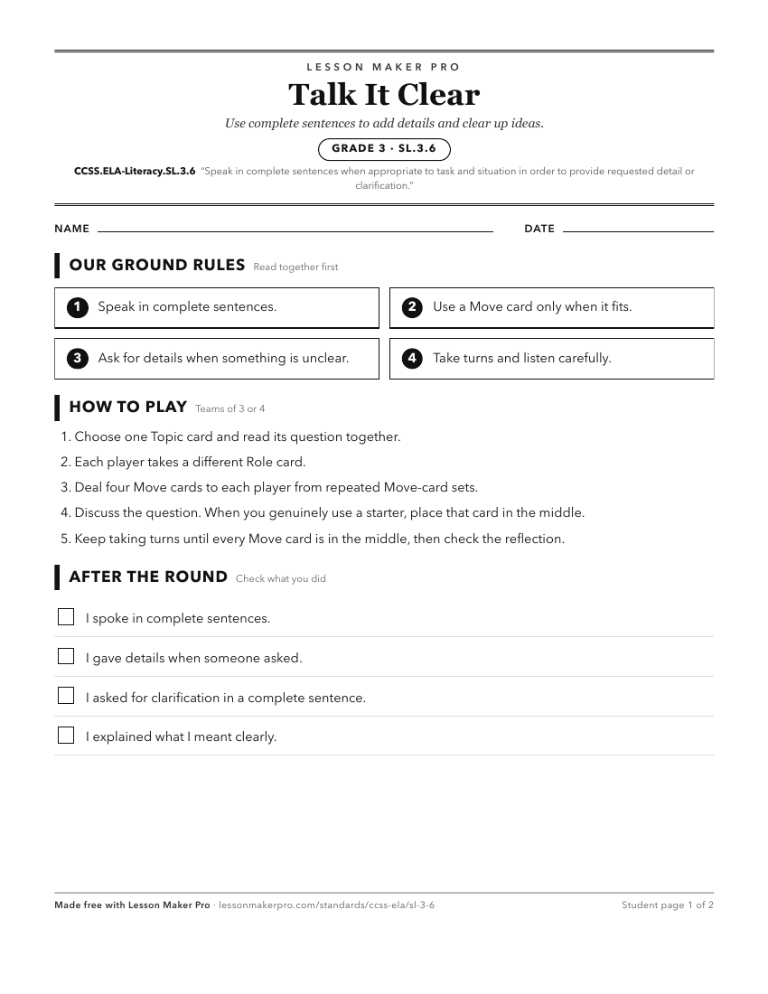 Preview of the CCSS.ELA-Literacy.SL.3.6 printable worksheet